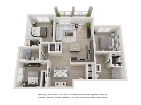 Floor plan for 3 beds, 2 baths, 1273 sqft